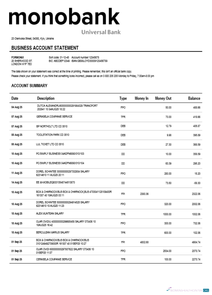 Download Ukraine Monobank enterprise account statement Word and PDF template Photoshop template